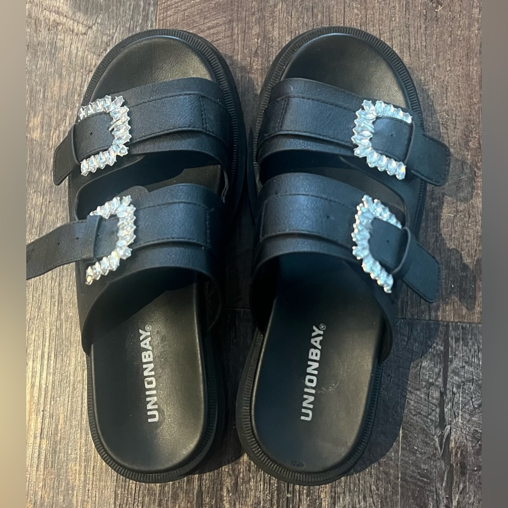 UNIONBAY Black Slides with Rhinestone Accents